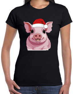 Bellatio Decorations Kerst T-shirt voor dames - roze varken met kerstmuts - zwart - Kerstfeest M