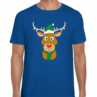 Bellatio Decorations Kerst t-shirt voor heren - blauw - Rendier Rudolf - groene kerstmuts L