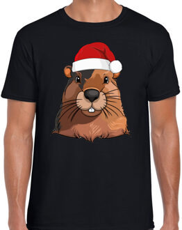 Bellatio Decorations Kerst T-shirt voor heren - (familie) Bever met kerstmuts - zwart - Kerstfeest S