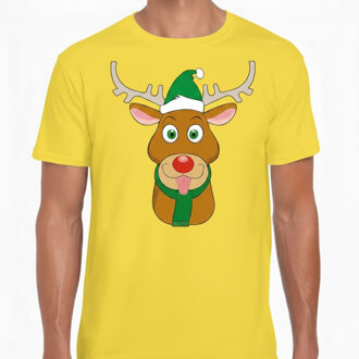 Bellatio Decorations Kerst t-shirt voor heren - geel - Rendier Rudolf - groene kerstmuts 2XL