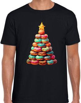 Bellatio Decorations Kerst T-shirt voor heren - kerstboom van donuts - zwart - lekkernijen - Merry Christmas XL