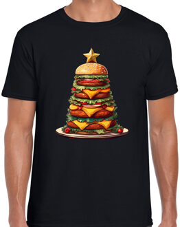 Bellatio Decorations Kerst T-shirt voor heren - kerstboom van hamburgers - zwart - burgerfan - Merry Christmas 2XL
