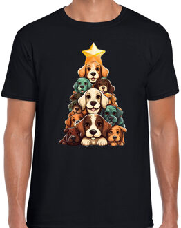 Bellatio Decorations Kerst T-shirt voor heren - kerstboom van hondjes - zwart - kersthondjes - Kerstmis 2XL
