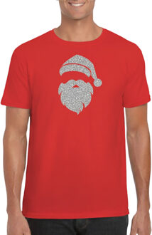 Bellatio Decorations Kerst T-shirt voor heren - Kerstman hoofd - rood - glitter zilver - Kerstkleding