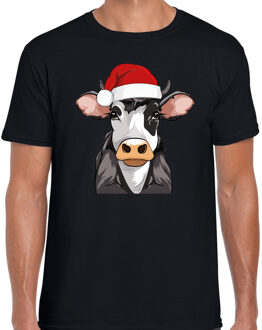 Bellatio Decorations Kerst T-shirt voor heren - koe met kerstmuts - zwart - Kerstfeest XL