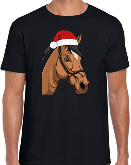 Bellatio Decorations Kerst T-shirt voor heren - paard met kerstmuts - zwart - Kerstfeest Donkerbruin