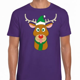 Bellatio Decorations Kerst t-shirt voor heren - paars - Rendier Rudolf - groene kerstmuts XL