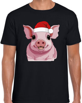 Bellatio Decorations Kerst T-shirt voor heren - roze - varken met kerstmuts - zwart - Kerstfeest