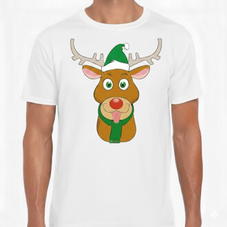Bellatio Decorations Kerst t-shirt voor heren - wit - Rendier Rudolf - groene kerstmuts S