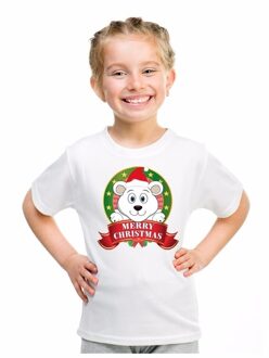 Bellatio Decorations Kerst t-shirt voor jongens met ijsbeer print - wit - shirt voor jongens en meisjes l (146-152)