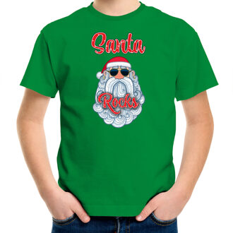 Bellatio Decorations kerst t-shirt voor kinderen - Kerstman - Santa Rocks - groen XS (104-110) - kerst t-shirts kind