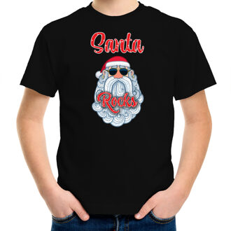 Bellatio Decorations kerst t-shirt voor kinderen - Kerstman - Santa Rocks - zwart XL (164-176) - kerst t-shirts kind