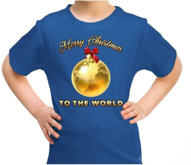 Bellatio Decorations kerst t-shirt voor kinderen - Merry Christmas - wereld - blauw L (140-152) - kerst t-shirts kind