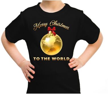 Bellatio Decorations kerst t-shirt voor kinderen - Merry Christmas - wereld - zwart L (140-152) - kerst t-shirts kind