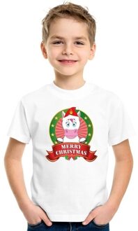 Bellatio Decorations Kerst t-shirt voor kinderen met eenhoorn print - voor jongens en meisjes - wit l (146-152)