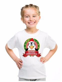 Bellatio Decorations Kerst t-shirt voor kinderen met pinguin print - wit - shirt voor jongens en meisjes l (146-152)