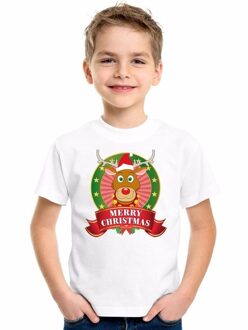 Bellatio Decorations Kerst t-shirt voor kinderen met rendier print - wit - shirt voor jongens en meisjes L (146-152)