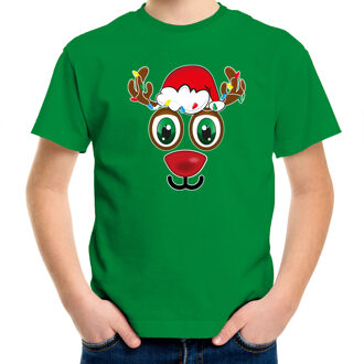 Bellatio Decorations kerst t-shirt voor kinderen - Rudolf gezicht - rendier - groen L (140-152) - kerst t-shirts kind