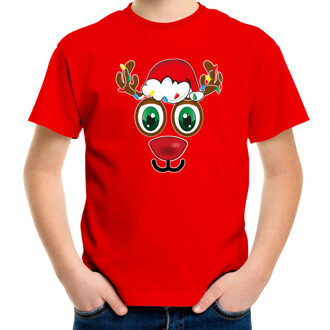 Bellatio Decorations kerst t-shirt voor kinderen - Rudolf gezicht - rendier - rood L (140-152) - kerst t-shirts kind