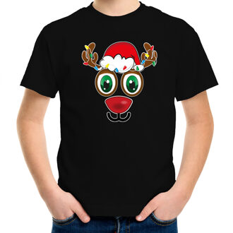 Bellatio Decorations kerst t-shirt voor kinderen - Rudolf gezicht - rendier - zwart L (140-152) - kerst t-shirts kind