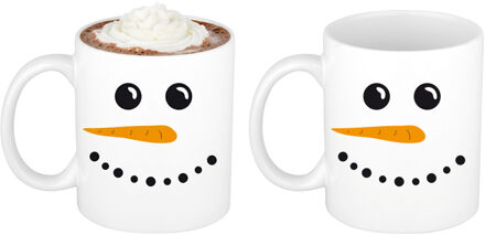 Bellatio Decorations Kerst thema Koffiemok - 2x - Sneeuwpop - 300 ml - keramiek - kerstcadeau - kerstmis