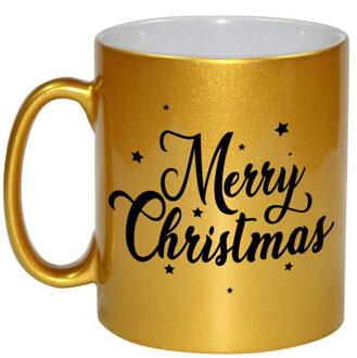 Bellatio Decorations Kerst thema Koffiemok - Merry Christmas - 300 ml - Goud - keramiek - kerstcadeau - kerstmis Goudkleurig