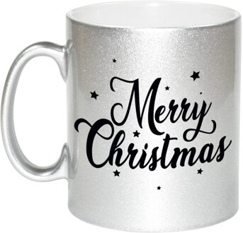 Bellatio Decorations Kerst thema Koffiemok - Merry Christmas - 300 ml - zilver - keramiek - kerstcadeau - kerstmis