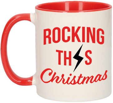 Bellatio Decorations Kerst thema Koffiemok - Rocking Christmas - 300 ml - keramiek - kerstcadeau - kerstmis - rood