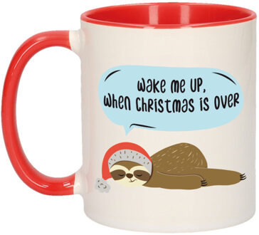 Bellatio Decorations Kerst thema Koffiemok - Wake me up - 300 ml - keramiek - kerstcadeau - kerstmis Rood