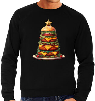 Bellatio Decorations Kerst trui / sweater voor heren - kerstboom van hamburgers - zwart - fastfood liefhebber - Kerstmis
