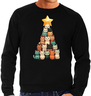 Bellatio Decorations Kerst trui / sweater voor heren - kerstboom van katjes - zwart - kerstkatjes - Kerstmis