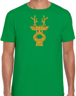 Bellatio Decorations Kerst verkleed T-shirt voor heren - groen - Rendier hoofd - glitter goud - Kerstkleding XL