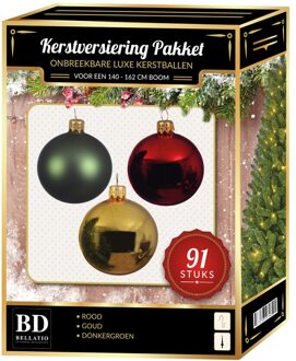 Bellatio Decorations Kerstbal en piek set 91x goud-donkergroen-rood voor 150 cm boom Multi