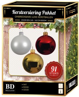 Bellatio Decorations Kerstbal en piek set 91x goud-wit-rood voor 150 cm boom Multi