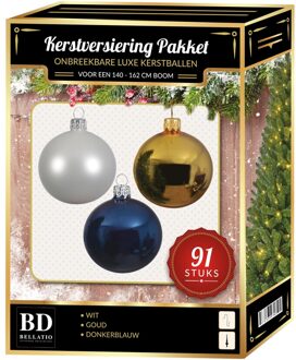 Bellatio Decorations Kerstbal en piek set 91x wit-goud-donkerblauw voor 150 cm boom - Kerstboomversiering Multikleur