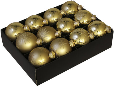 Bellatio Decorations Kerstballen - 12 stuks - goud - 7.5 cm - Kerstbal Groen