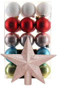 Bellatio Decorations Kerstballen 30 st - gekleurd - 6 cm - met ster piek lichtroze - kunststof - Kerstbal