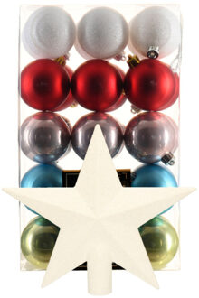 Bellatio Decorations Kerstballen 30 st - gekleurd - 6 cm - met ster piek wit - kunststof - Kerstbal