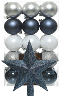 Bellatio Decorations Kerstballen 30x - 6 cm - met ster piek - blauw/wit/zilver -kunststof - Kerstbal