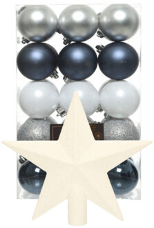 Bellatio Decorations Kerstballen 30x - 6 cm - met ster piek - blauw/wit/zilver -kunststof - Kerstbal