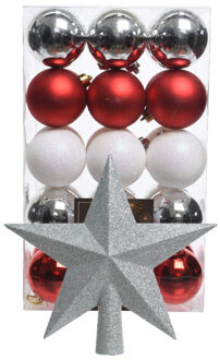 Bellatio Decorations Kerstballen 30x -6cm -en ster piek -parelmoer wit/rood/zilver-kunststof - Kerstbal Zilverkleurig