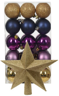 Bellatio Decorations Kerstballen 30x - goud/blauw/paars- 6 cm -en ster piek goud - kunststof - Kerstbal Goudkleurig