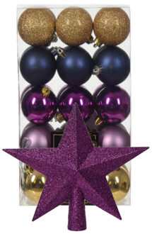 Bellatio Decorations Kerstballen 30x - goud/blauw/paars- 6 cm -en ster piek paars- kunststof - Kerstbal