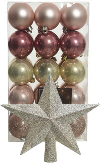 Bellatio Decorations Kerstballen 30x roze/champagne- 6cm -en ster piek champagne- kunststof - Kerstbal Champagnekleurig