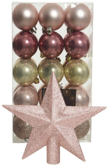 Bellatio Decorations Kerstballen 30x roze/champagne- 6cm -en ster piek lichtroze- kunststof - Kerstbal