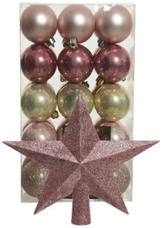 Bellatio Decorations Kerstballen 30x roze/champagne- 6cm -en ster piek oudroze- kunststof - Kerstbal