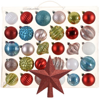 Bellatio Decorations Kerstballen 30x st - gekleurd - 6 cm - met ster piek rood - kunststof - Kerstbal