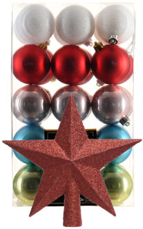 Bellatio Decorations Kerstballen 30x st - gekleurd - 6 cm - met ster piek rood - kunststof