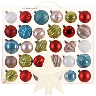 Bellatio Decorations Kerstballen 30x st - gekleurd - 6 cm - met ster piek wit - kunststof - Kerstbal