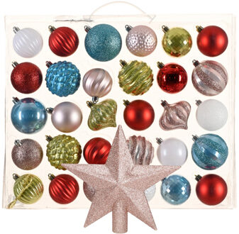 Bellatio Decorations Kerstballen 30x st - gekleurd - 7 cm - met ster piek lichtroze - kunststof - Kerstbal